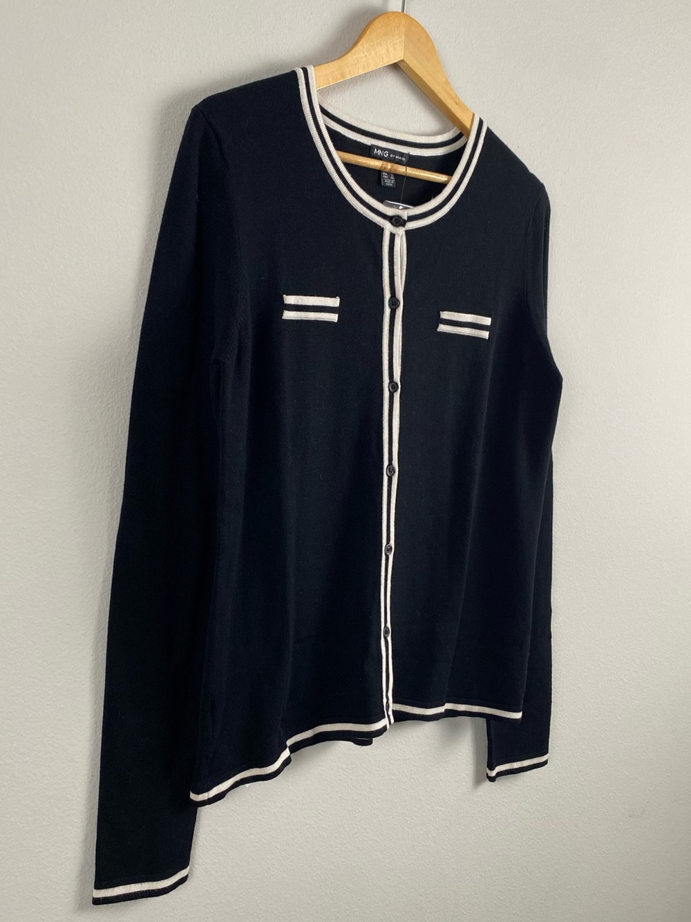 Mango MNG Contrast Tipped Long Sleeve Parker Cardigan Sweater | Black/Ivory - Picture 7 of 16